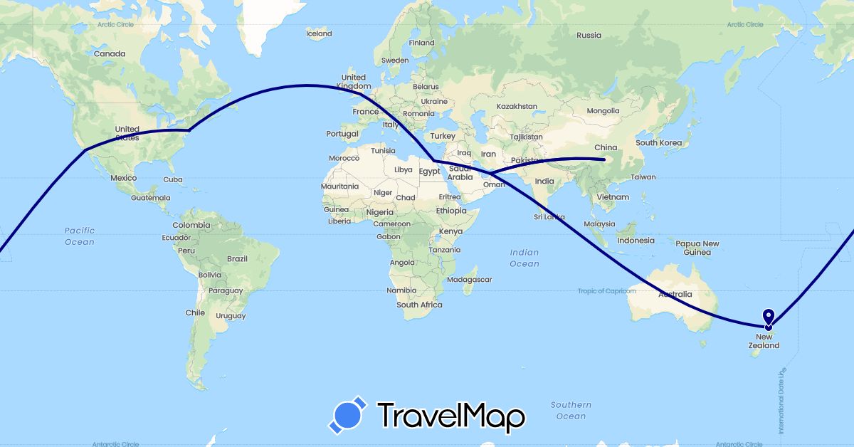 TravelMap itinerary: driving in United Arab Emirates, China, Egypt, United Kingdom, New Zealand, United States (Africa, Asia, Europe, North America, Oceania)